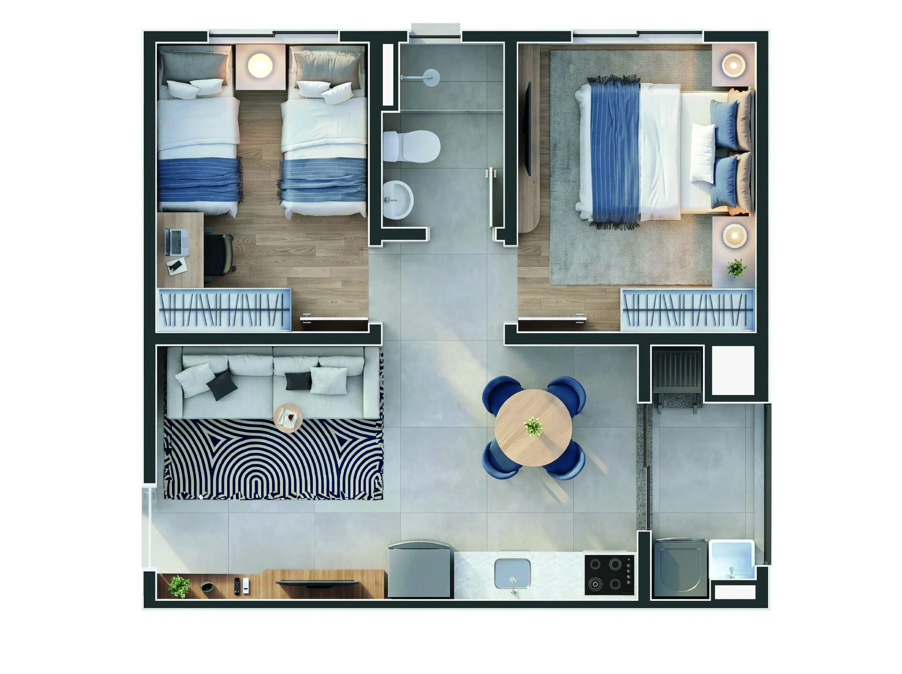 Planta oficial Tipo 01 de 48,71 m²: dois quartos, banheiro, sala, cozinha e sacada com churrasqueira.